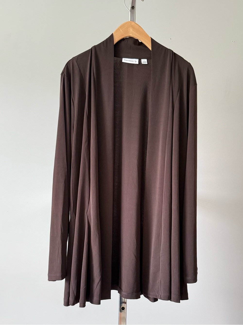 Susan Graver Liquid Knit Open Front Cardigan L Brown
